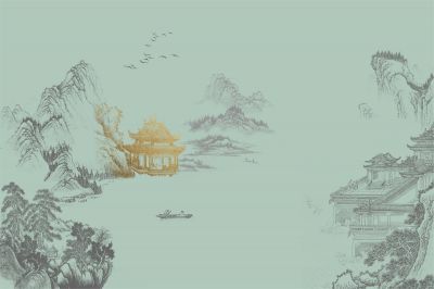 高清新中式亭台楼阁线条肌理<b>背</b><b>景</b><b>墙</b>壁画