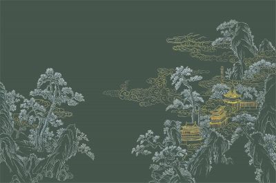 高清新中式亭台楼阁线条肌理<b>背</b><b>景</b><b>墙</b>壁画
