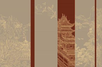 高清新中式亭台楼阁线条肌理<b>背</b><b>景</b><b>墙</b>壁画