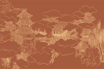 高清新中式亭台楼阁线条肌理<b>背</b><b>景</b><b>墙</b>壁画