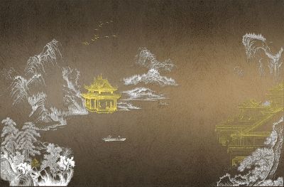 高清新中式亭台楼阁线条肌理<b>背</b><b>景</b><b>墙</b>壁画