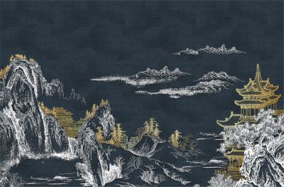 高清新中式亭台楼阁线条肌理<b>背</b><b>景</b><b>墙</b>壁画
