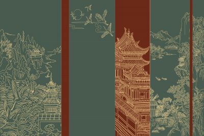 高清新中式亭台楼阁线条肌理<b>背</b><b>景</b><b>墙</b>壁画