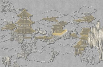 高清新中式亭台楼阁线条肌理<b>背</b><b>景</b><b>墙</b>壁画