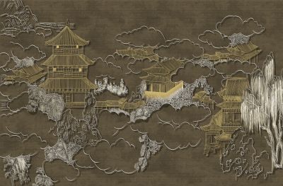 高清新中式亭台楼阁线条肌理<b>背</b><b>景</b><b>墙</b>壁画