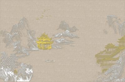 高清新中式亭台楼阁线条肌理<b>背</b><b>景</b><b>墙</b>壁画