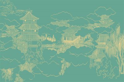 高清新中式亭台楼阁线条肌理<b>背</b><b>景</b><b>墙</b>壁画