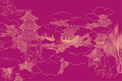 高清新中式亭台楼阁线条肌理<b>背</b><b>景</b><b>墙</b>壁画