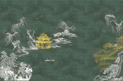 高清新中式亭台楼阁线条肌理<b>背</b><b>景</b><b>墙</b>壁画