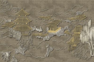 高清新中式亭台楼阁线条肌理<b>背</b><b>景</b><b>墙</b>壁画