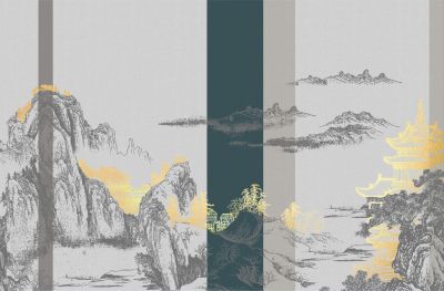 高清新中式亭台楼阁线条肌理<b>背</b><b>景</b><b>墙</b>壁画