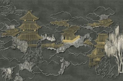 高清新中式亭台楼阁线条肌理<b>背</b><b>景</b><b>墙</b>壁画