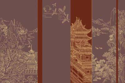 高清新中式亭台楼阁线条肌理<b>背</b><b>景</b><b>墙</b>壁画