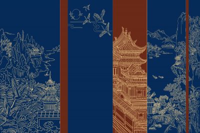 高清新中式亭台楼阁线条肌理<b>背</b><b>景</b><b>墙</b>壁画
