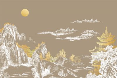 高清新中式亭台楼阁线条肌理<b>背</b><b>景</b><b>墙</b>壁画