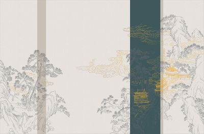 高清新中式亭台楼阁线条肌理<b>背</b><b>景</b><b>墙</b>壁画