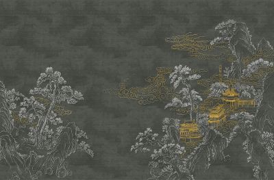 高清新中式亭台楼阁线条肌理<b>背</b><b>景</b><b>墙</b>壁画