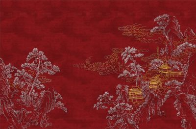 高清新中式亭台楼阁线条肌理<b>背</b><b>景</b><b>墙</b>壁画