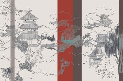 高清新中式亭台楼阁线条肌理<b>背</b><b>景</b><b>墙</b>壁画