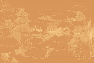 高清新中式亭台楼阁线条肌理<b>背</b><b>景</b><b>墙</b>壁画