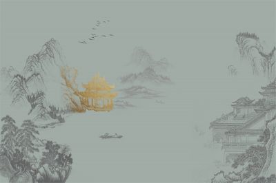 高清新中式亭台楼阁线条肌理<b>背</b><b>景</b><b>墙</b>壁画