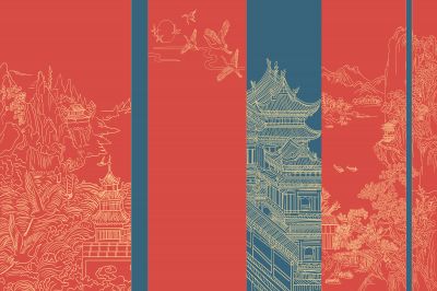 高清新中式亭台楼阁线条肌理<b>背</b><b>景</b><b>墙</b>壁画