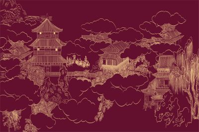 高清新中式亭台楼阁线条肌理<b>背</b><b>景</b><b>墙</b>壁画
