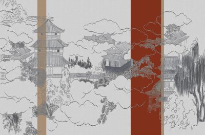 高清新中式亭台楼阁线条肌理<b>背</b><b>景</b><b>墙</b>壁画