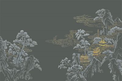 高清新中式亭台楼阁线条肌理<b>背</b><b>景</b><b>墙</b>壁画