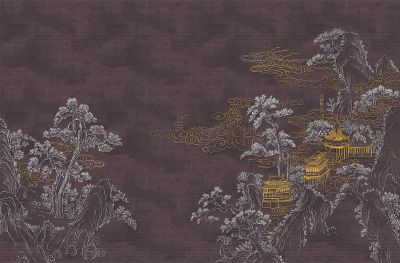 高清新中式亭台楼阁线条肌理<b>背</b><b>景</b><b>墙</b>壁画