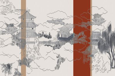 高清新中式亭台楼阁线条肌理<b>背</b><b>景</b><b>墙</b>壁画