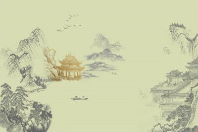 高清新中式亭台楼阁线条肌理<b>背</b><b>景</b><b>墙</b>壁画