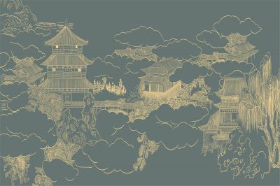 高清新中式亭台楼阁线条肌理<b>背</b><b>景</b><b>墙</b>壁画