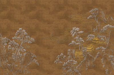 高清新中式亭台楼阁线条肌理<b>背</b><b>景</b><b>墙</b>壁画
