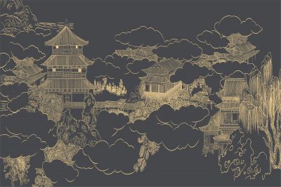 高清新中式亭台楼阁线条肌理<b>背</b><b>景</b><b>墙</b>壁画