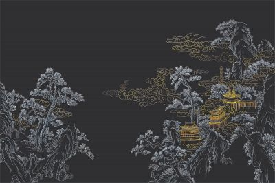 高清新中式亭台楼阁线条肌理<b>背</b><b>景</b><b>墙</b>壁画