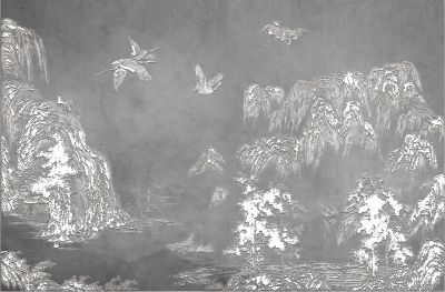 高清新中式亭台楼阁线条肌理<b>背</b><b>景</b><b>墙</b>壁画