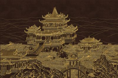 高清新中式亭台楼阁线条肌理<b>背</b><b>景</b><b>墙</b>壁画