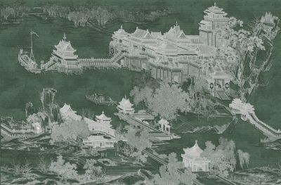 高清新中式亭台楼阁线条肌理<b>背</b><b>景</b><b>墙</b>壁画
