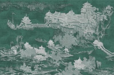 高清新中式亭台楼阁线条肌理<b>背</b><b>景</b><b>墙</b>壁画