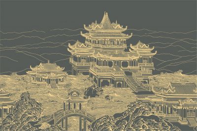 高清新中式亭台楼阁线条肌理<b>背</b><b>景</b><b>墙</b>壁画