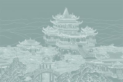 高清新中式亭台楼阁线条肌理<b>背</b><b>景</b><b>墙</b>壁画