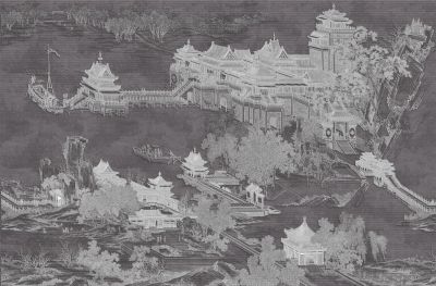 高清新中式亭台楼阁线条肌理<b>背</b><b>景</b><b>墙</b>壁画