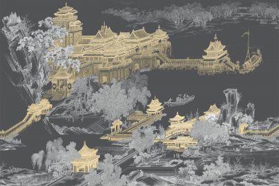 高清新中式亭台楼阁线条肌理<b>背</b><b>景</b><b>墙</b>壁画