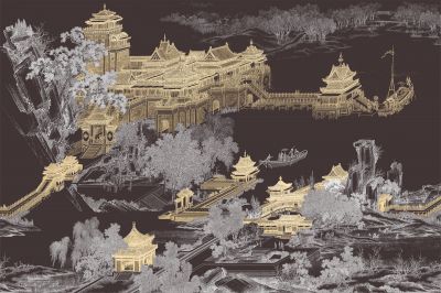 高清新中式亭台楼阁线条肌理<b>背</b><b>景</b><b>墙</b>壁画