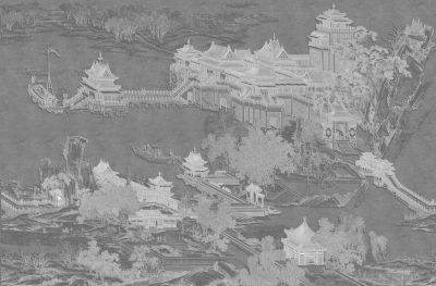 高清新中式亭台楼阁线条肌理<b>背</b><b>景</b><b>墙</b>壁画