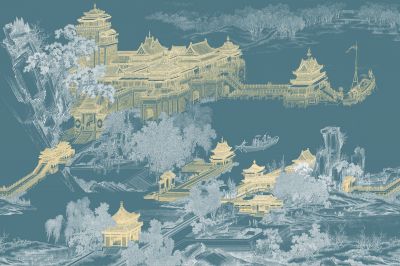 高清新中式亭台楼阁线条肌理<b>背</b><b>景</b><b>墙</b>壁画