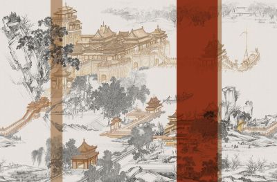 高清新中式亭台楼阁线条肌理<b>背</b><b>景</b><b>墙</b>壁画