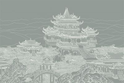 高清新中式亭台楼阁线条肌理<b>背</b><b>景</b><b>墙</b>壁画