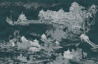 高清新中式亭台楼阁线条肌理<b>背</b><b>景</b><b>墙</b>壁画